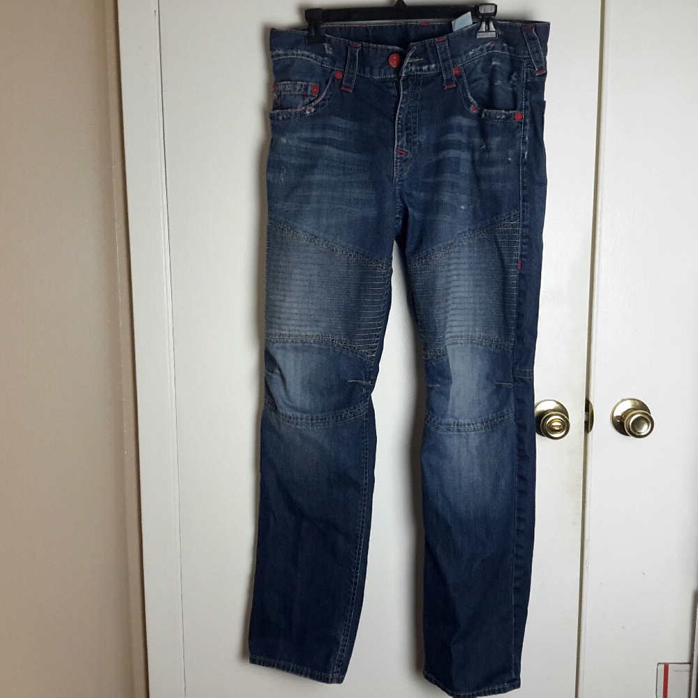 True Religion Men's Blue Dark Distressed Pockets Denim Straight Jeans Size 34